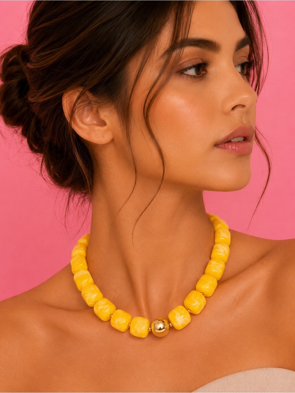 Summer Yellow Beaded Gold Necklace